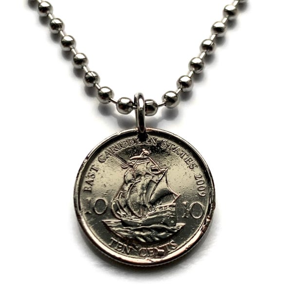 2000 East Caribbean States 10 Cents coin pendant Golden Hind galleon ship Antilles Caribbees Leeward British Virgin Windward Island n003960