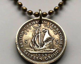 1965 British East Caribbean Lesser Antilles 5 Cent coin pendant Golden Hind ship Caribbees Leeward Virgin Windward Island Guadeloupe n000082