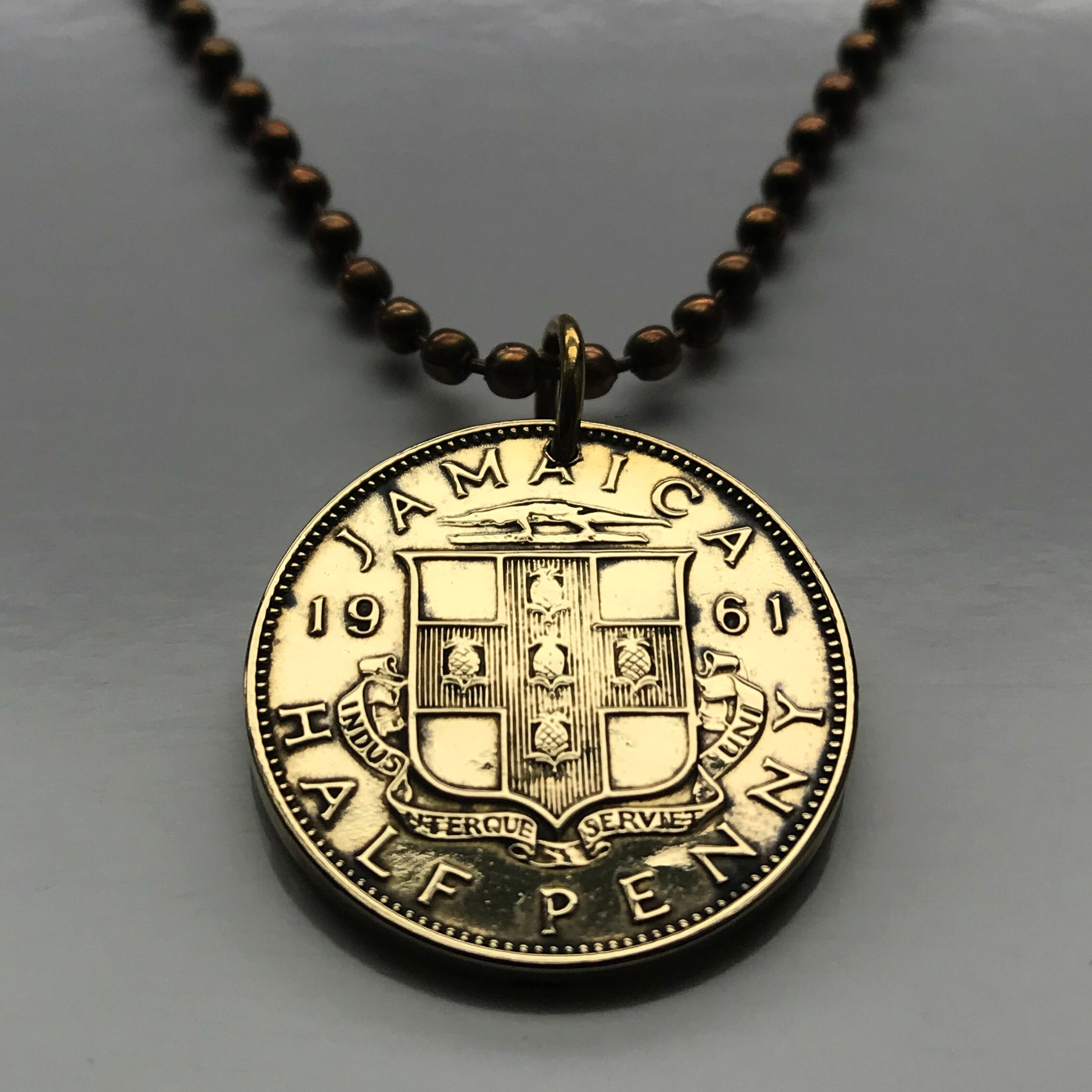 1963 British Jamaica 1/2 Penny coin pendant crocodile alligator pineapples Kingston Old Harbour Savanna-la-Mar Jamrock West Indies n000296