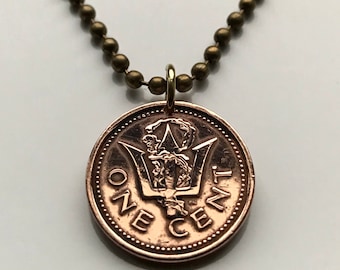 1973 Barbados 1 Cent coin pendant Barbadian Bajan trident 3 pronged spear fishing Poseidon Neptune sea god Bridgetown Christ Church n000010