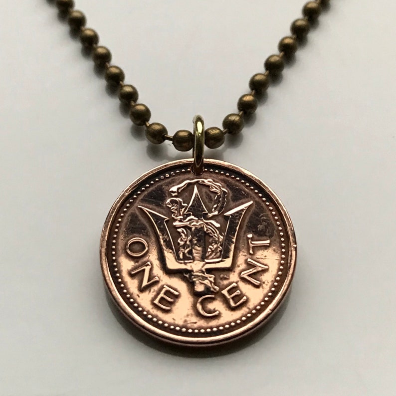 1986 Barbados 1 Cent coin pendant Barbadian Bajan trident Bridgetown 3 pronged spear fishing Poseidon Neptune sea god aquaman n000010 image 1