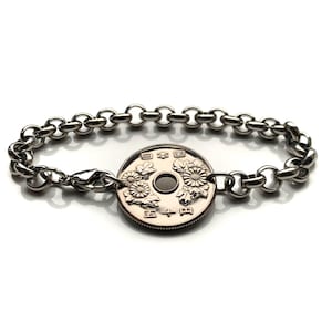 1969 Japan Nippon 50 Yen coin bracelet Japanese Chrysanthemum flower Tokyo Osaka Fukuoka Okinawa Kanji Hiroshima Sendai Honshu mums b000053