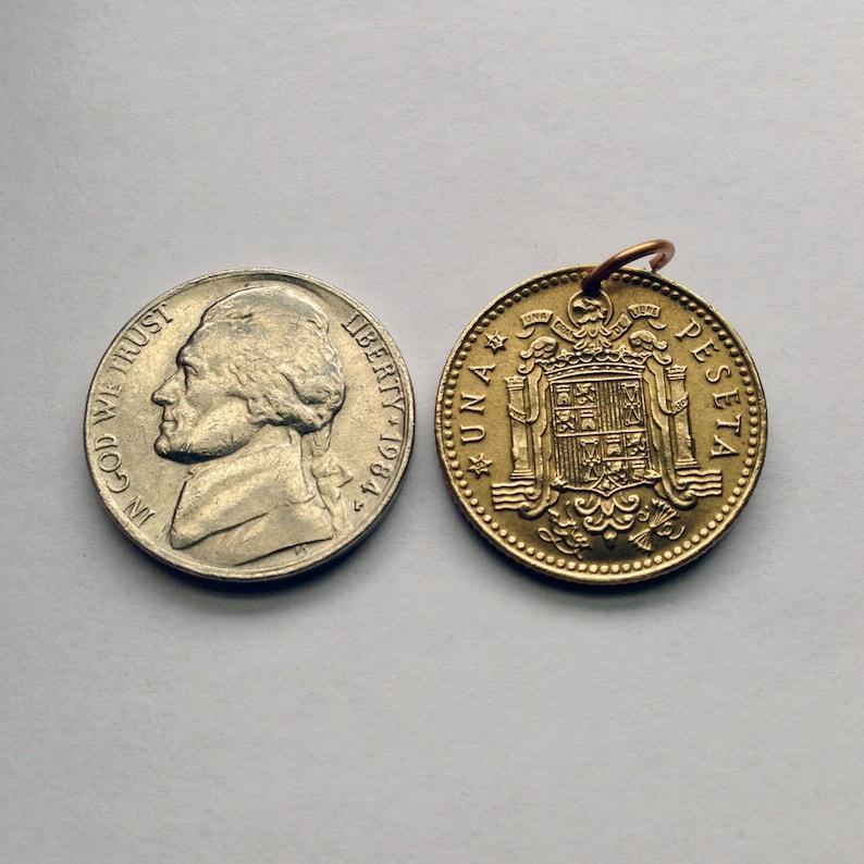 1975 Spain 1 Peseta coin earrings escudo Espa\u00f1ol Madrid Barcelona Murcia Asturias Catalu\u00f1a Espa\u00f1a Las Palmas Vigo Gij\u00f3n Ibiza Oviedo e000304