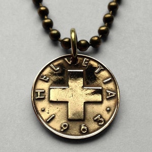 1963 Switzerland Helvetia 1 Rappen coin pendant Swiss cross Zurich Bern Geneva Basel Lausanne Winterthur Lucerne St. Gallen Lugano n001459