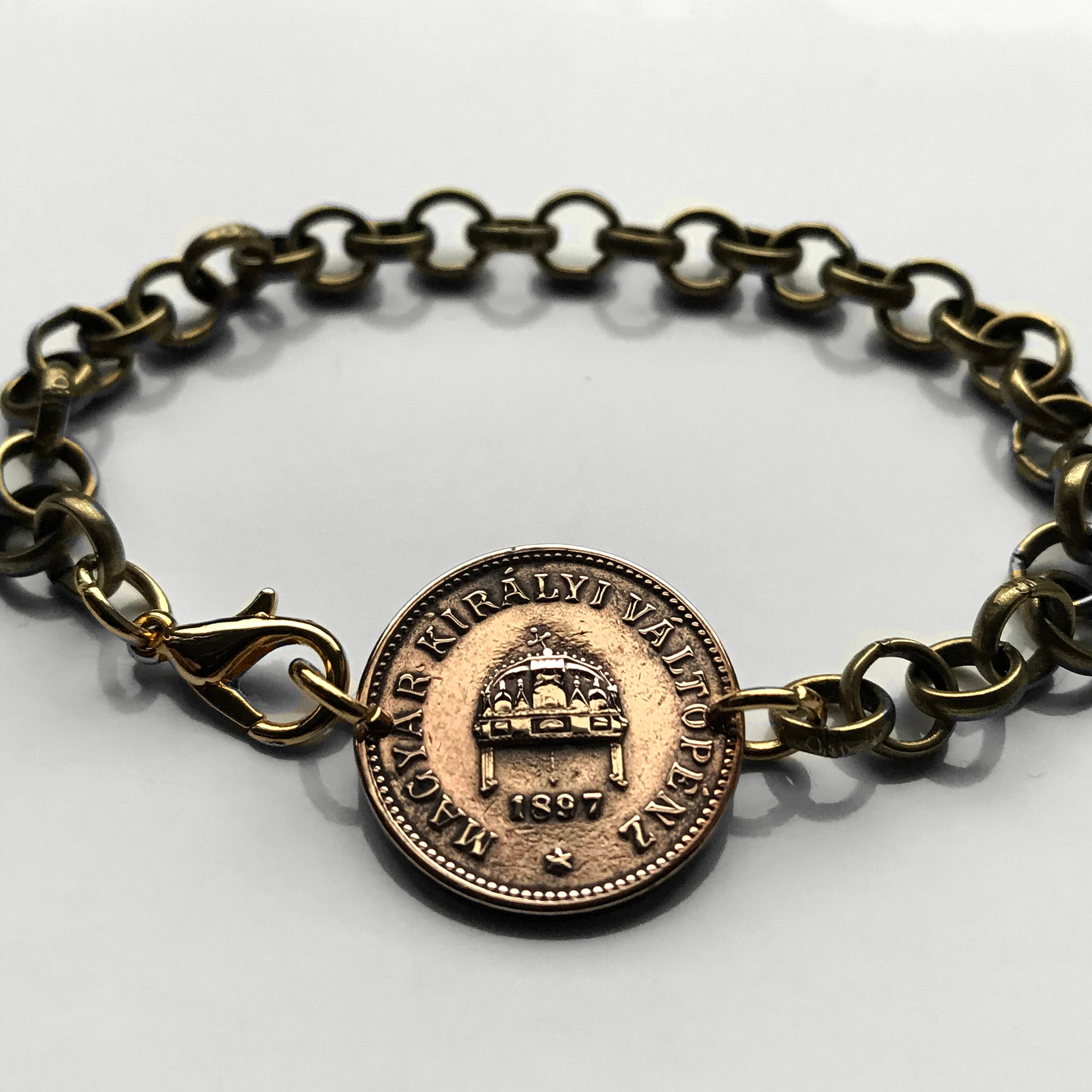 1908 Hungary Magyars 2 Filler coin bracelet Saint Stephen Holy Crown Budapest Pécs Győr Nyíregyháza Kecskemét Székesfehérvár Szolnok b000095