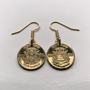 1957 Thailand Siam 10 Satang coin earrings Bangkok elephant Airavata Phra Ratcha Lanchakon Pracham Phaen Din Sayam Wat Arun Temple e000388