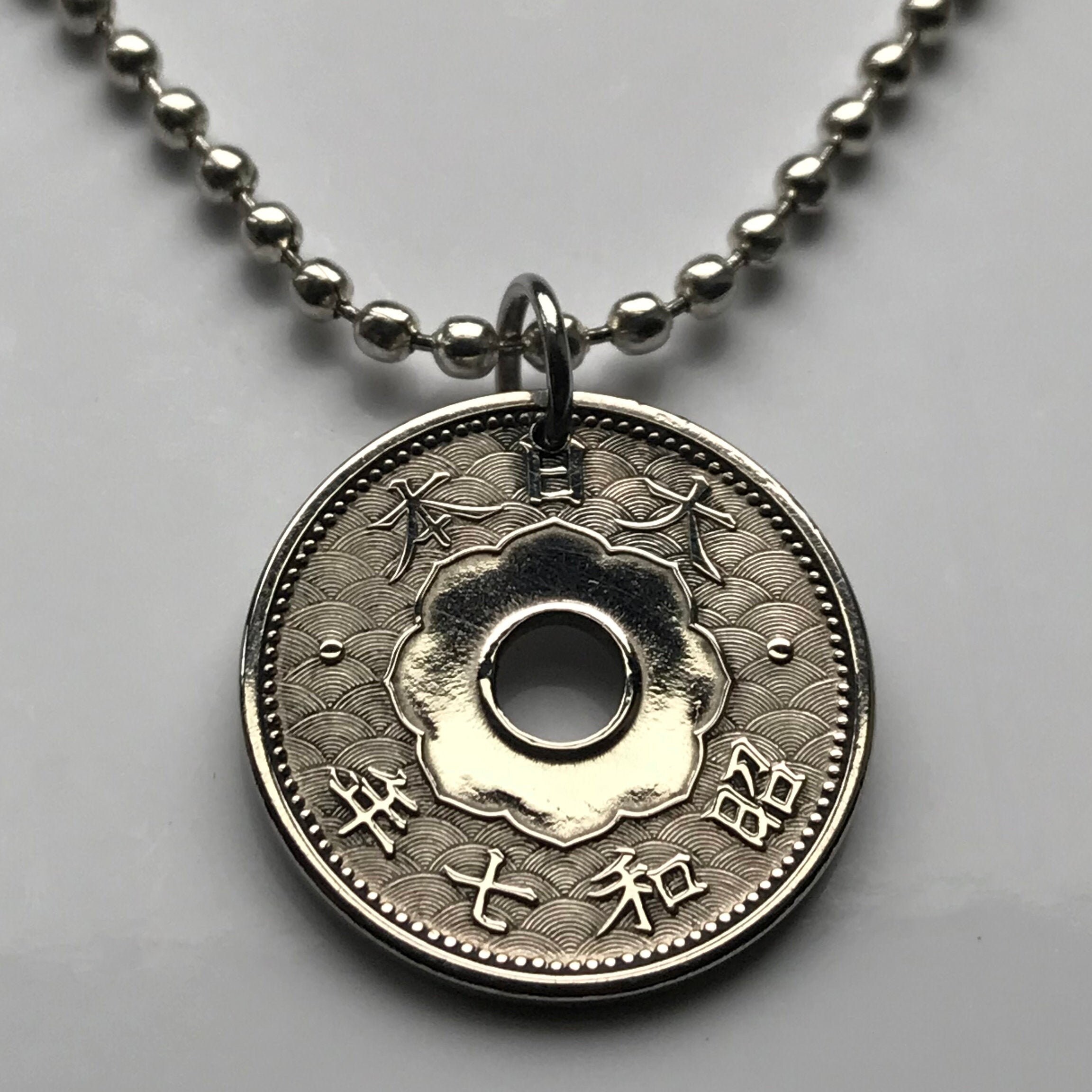 1923 Japan Nippon 10 Sen Coin Pendant Seigaiha Wave Yata Floral