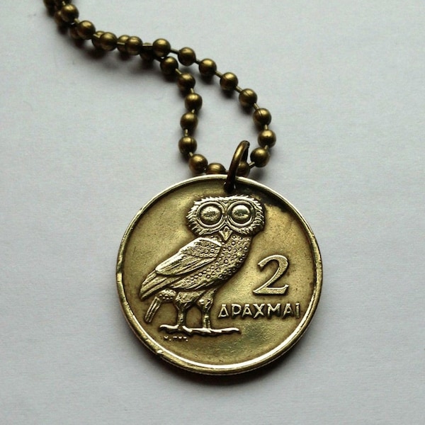 1973 Greece Hellas 2 Drachmai coin pendant Greek little owl of Athena phoenix Pallas Athens Acropolis Parthenon Tetradrachm glaux n000107
