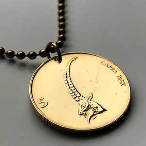 1993 Slovenia 5 Tolarjev coin pendant Alpine ibex steinbock goat Ljubljana Velenje Novo Mesto Lake Bled Postojna Ptuj Cave Planica n002758