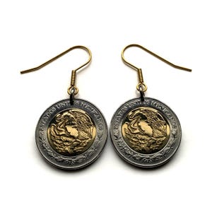Mexico 2 Pesos coin earrings Mexican golden eagle snake Aztec calendar stone Piedra del Sol Veracruz Chiapas Pachuca Morelia Durango e000482