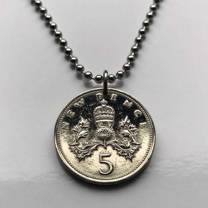 1978 UK Scotland 5 Pence coin pendant Scottish thistle floral emblem Paisley East Kilbride Inverness Perth British United Kingdom n000235 image 1