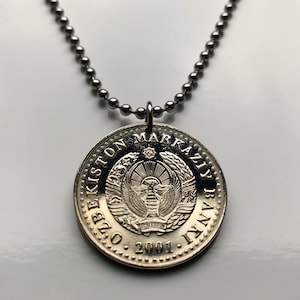 2001 Uzbekistan 50 Soʻm coin pendant Uzbek map Huma Khumo bird Sufi Diwan poetry Rub el Hizb Karluk Turkic Tashkent Namangan Nukus n003317