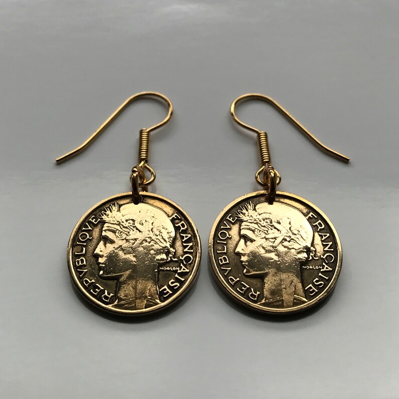 1939 France 50 Centimes coin earrings French Marianne Paris Lille Rennes Reims Saint-\u00c9tienne Le Havre Toulon Dijon Louvre WWII e000030