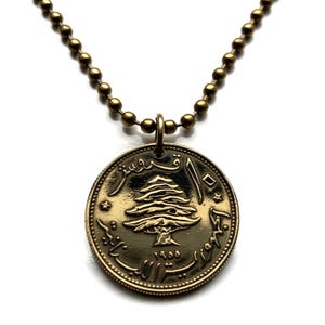 1955 Lebanon Liban 10 Piastre coin pendant Lebanese cedar tree ship Beirut Byblos Aley Jounieh Batroun Anjar Bsharri Levantine arab n000192