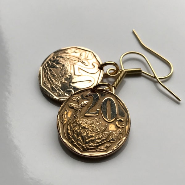 South Africa 20 Cents coin earrings King Protea flower Pretoria Bantu flower plant Eastern Cape isiZulu Northern Sotho Gauteng e000442