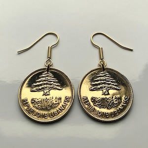 1952 Lebanon Liban 25 Piastres coin earrings Lebanese cedar tree Beirut Jounieh Anjar Zaarour Chekka Qadisha Kadisha Batroun Arabic e000181