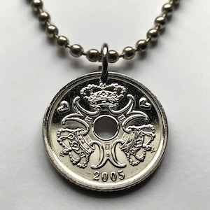 1992 Denmark Danmark 1 Krone coin pendant Danish Royal crown initial M Copenhagen Aarhus Odense Aalborg Esbjerg Randers Jutland Dane n000566