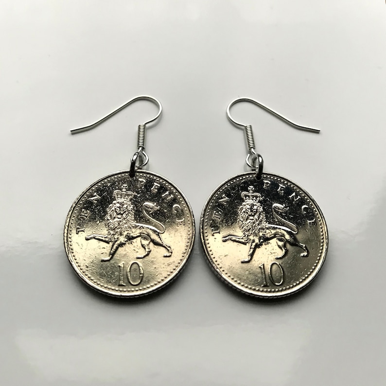 United Kingdom England 10 Pence coin earrings English lion London Great Britain Leicester Norwich Reading Portsmouth Kent Essex Bath e000323
