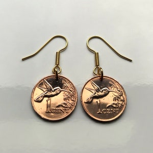 1975 Trinidad & Tobago Cent coin earrings hummingbird Scarlet Ibis Cocrico Arima Couva Scarborough Soca carnival steelpan limbo e000166