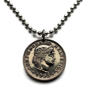 1953 Switzerland Helvetia 20 Rappen coin pendant Swiss Zurich Suisse Lugano Biel Bienne Thun Ticino Uri Alpine Jura Alphorn n002605