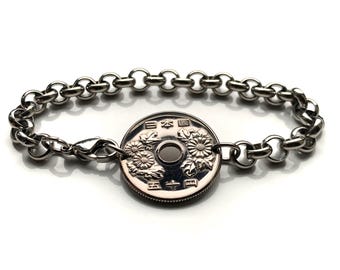 1976 Japan Nippon 50 Yen coin bracelet Japanese Chrysanthemum flower mums Tokyo Osaka Fukuoka Okinawa Kanji Hiroshima Sendai Honshu b000053