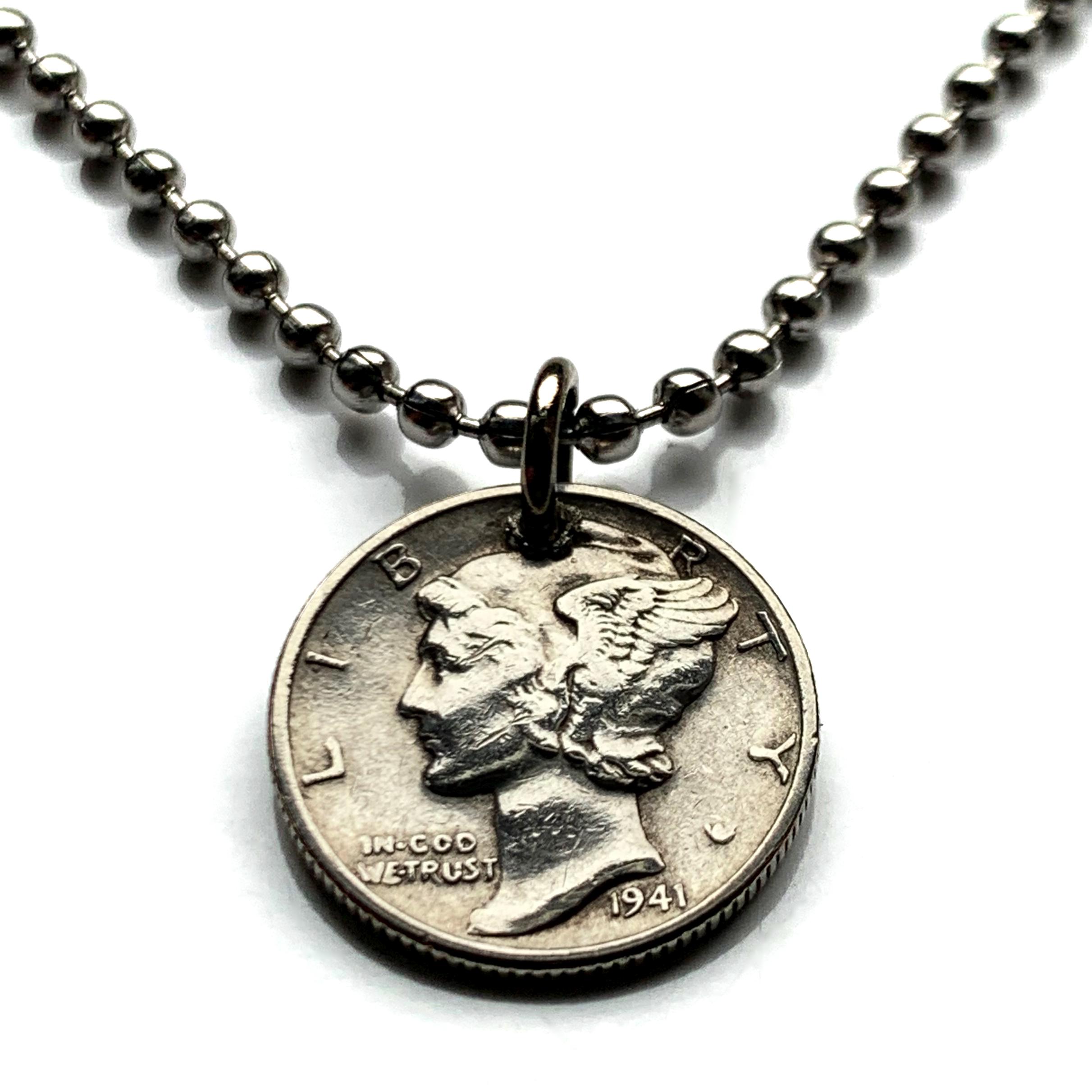 antique relic! 1941 United States of America 10 Cents SILVER Mercury dime coin pendant World War 2 Lady Liberty Phrygian cap fasces n001468