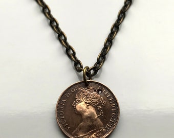 1886 United Kingdom 1 Farthing coin pendant Queen Victoria Britannia Regina England Yorkshire Scotland Wales Ireland Scots British n000232