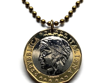 1997 Italy 1000 Lire coin pendant lady Turrita Rome Milan Siena Pisa Parma Capri Lecce Matera Bari Catania  L'Aquila Europa map n000278