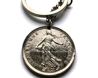 1975 France 5 Franc coin keychain La Semeuse Sower & Seed Paris Lyon Marseille Lille Toulouse Bordeaux Nantes Strasbourg Montpellier k000027