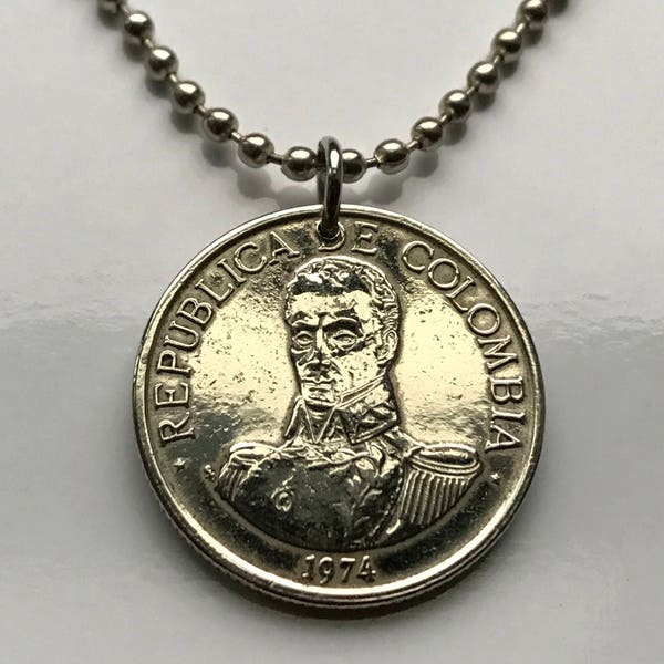 1978 Colombia 1 Peso coin pendant Simón Bolívar Bogotá Valle del Cauca Soledad Bello Ibagué Villavicencio Pereira Armenia Leticia n002221