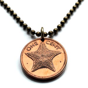 Colgante de moneda de 1 centavo de Bahamas de 1987, cojín de estrella de mar de las Bahamas, playa de Nassau, puerto franco de Lucaya, Andros, Exuma, Isla Rosa, Cayo Rum n001410