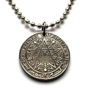 1921 Morocco Maroc 1 Franc coin pendant Moroccan pentagram Casablanca Rabat Fez Tangier Marrakesh Agadir Sale Berbers Moors Maghrebi n000693