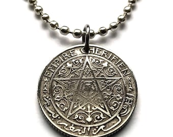 1921 Morocco Maroc 1 Franc coin pendant Moroccan pentagram Casablanca Rabat Fez Tangier Marrakesh Agadir Sale Berbers Moors Maghrebi n000693