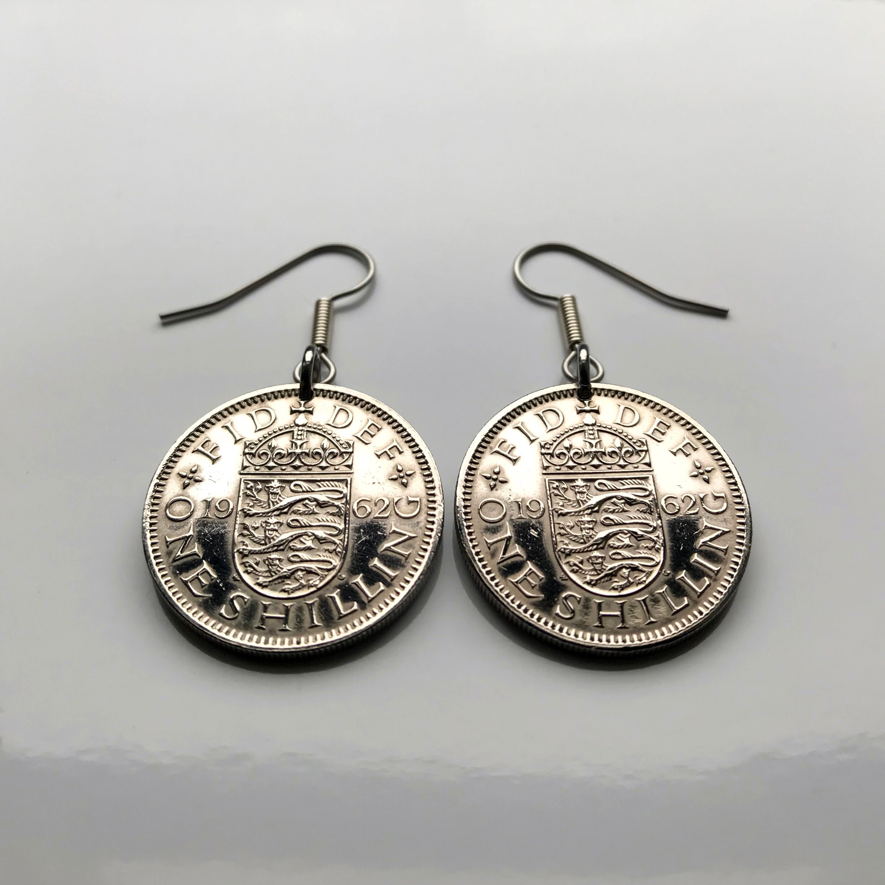 1962 England United Kingdom 1 Shilling coin earrings English shield 3 lions London  Southampton British Somerset Essex Britain York e000404