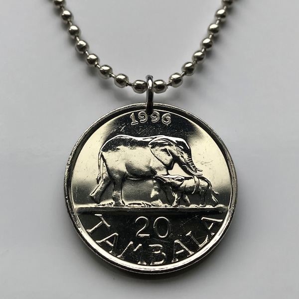 1996 Malawi 20 Tambala coin pendant African elephants Lilongwe Malawian Nyasaland Bantu Mount Mulanje cow & calf mother safari n002672