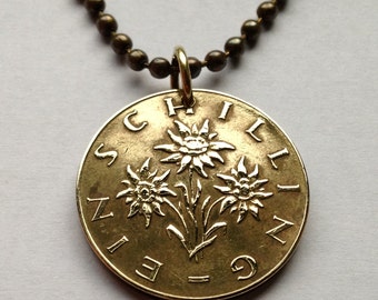 1985 Austria Osterreich 1 Schilling coin pendant Edelweiss flower Vienna Alpine plant daisy sunflower Styria Carinthia Sankt Pölten n000443