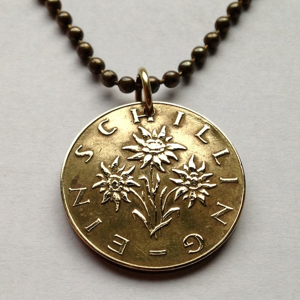 1983 Austria Osterreich 1 Schilling coin pendant Edelweiss flower Vienna Alpine plant daisy sunflower Styria Carinthia Sankt Pölten n000443