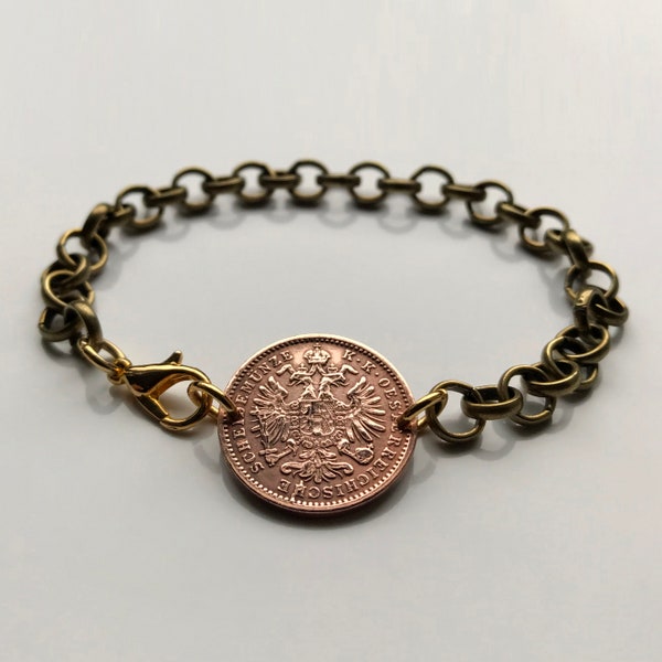 1885 Austria Kreuzer coin bracelet Austrian eagle Vienna Habsburg Wien Wels Sölden Ischgl Heurigen Ski Arlberg Feldkirch alpine alps b000079