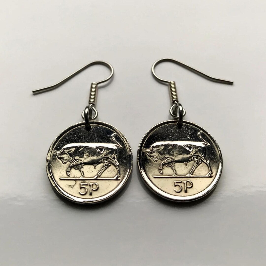 Ireland Éire 5 Pence Coin Earrings Irish Bull Gaelic Harp Dublin ...