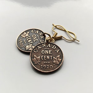 1929 Canada 1 Cent coin earrings Canadian maple leaves Ottawa British Columbia Nova Scotia New Brunswick Manitoba Nunavut Victoria e000374