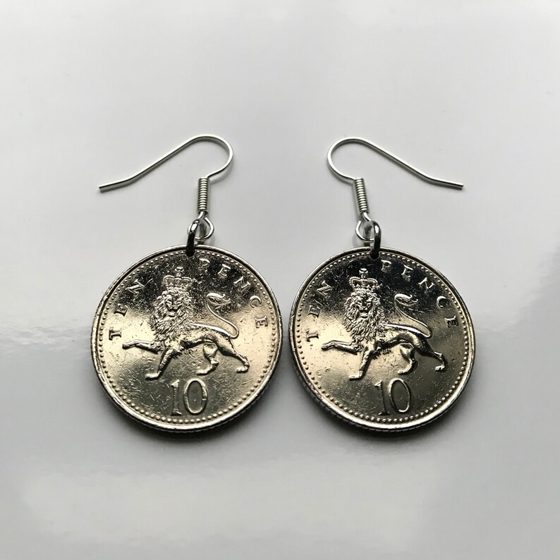 United Kingdom England 10 Pence coin earrings English lion London Great Britain Leicester Norwich Reading Portsmouth Kent Essex Bath e000323