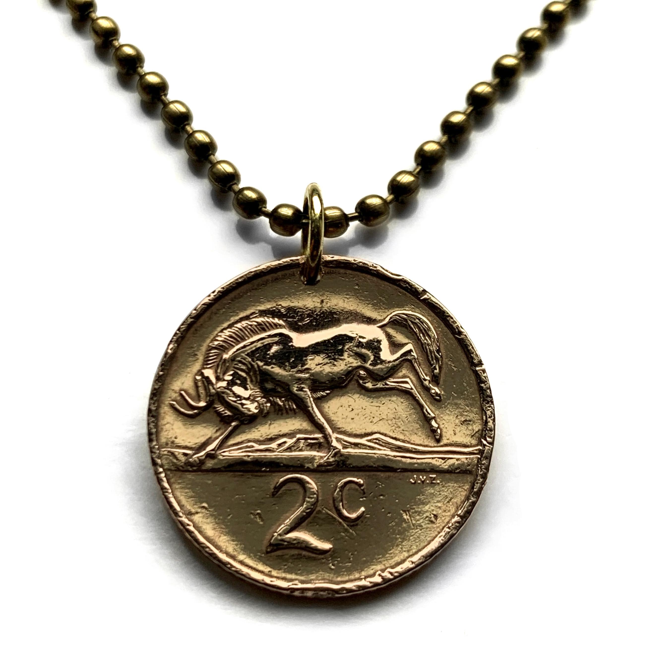 1985 South Africa 2 Cents Coin Pendant Wildebeest Gnu Antelope