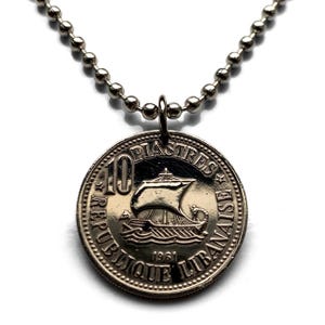 1961 Lebanon Liban 10 Piastre coin pendant Phoenician Bireme oared warship galley Mediterranean Levant Beirut Tyre Byblos Sidon Aley n003824
