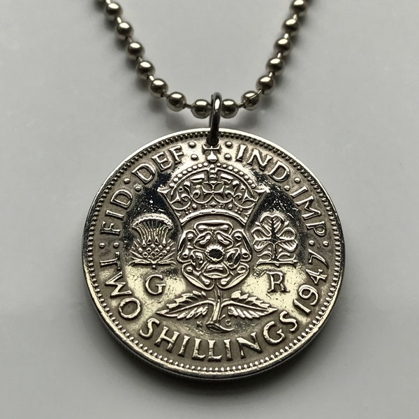 1948 UK 2 Shillings coin pendant English Tudor rose Welsh leek Scottish thistle Irish shamrock Yorkshire Bristol Leeds Great Britain n001986