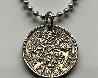 1955 United Kingdom Britain 6 Six Pence coin pendant wedding bride Tudor rose thistle shamrock leek English Welsh Scottish London n000085