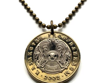 2002 Kazakhstan 100 Tenge coin pendant golden Tulpars horses shanyrak Astana Central Asia Russian Pegasus Qypchaq Steppe Eagle n002904