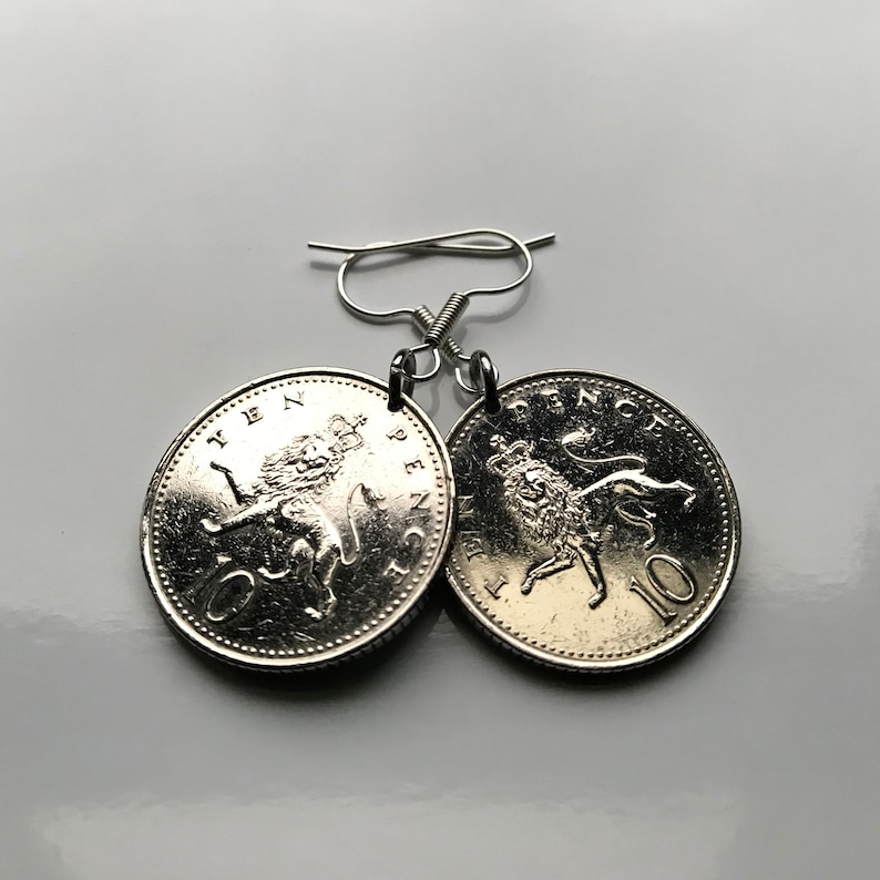 United Kingdom England 10 Pence coin earrings English lion London Great Britain Leicester Norwich Reading Portsmouth Kent Essex Bath e000323