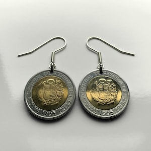 1995 Peru 2 Soles coin earrings escudo Peruano Lima Arequipa Trujillo Chiclayo Piura Huancayo Cusco llama Nazca Line hummingbird Ica e000514