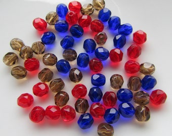 60 Mixed Cobal Blue Siam Red Dark Toapz Czech Fire Polished Glass Beads 6mm