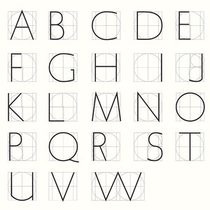 May include: A black and white alphabet chart with each letter centered in a square grid. The letters are drawn in a simple, geometric style.